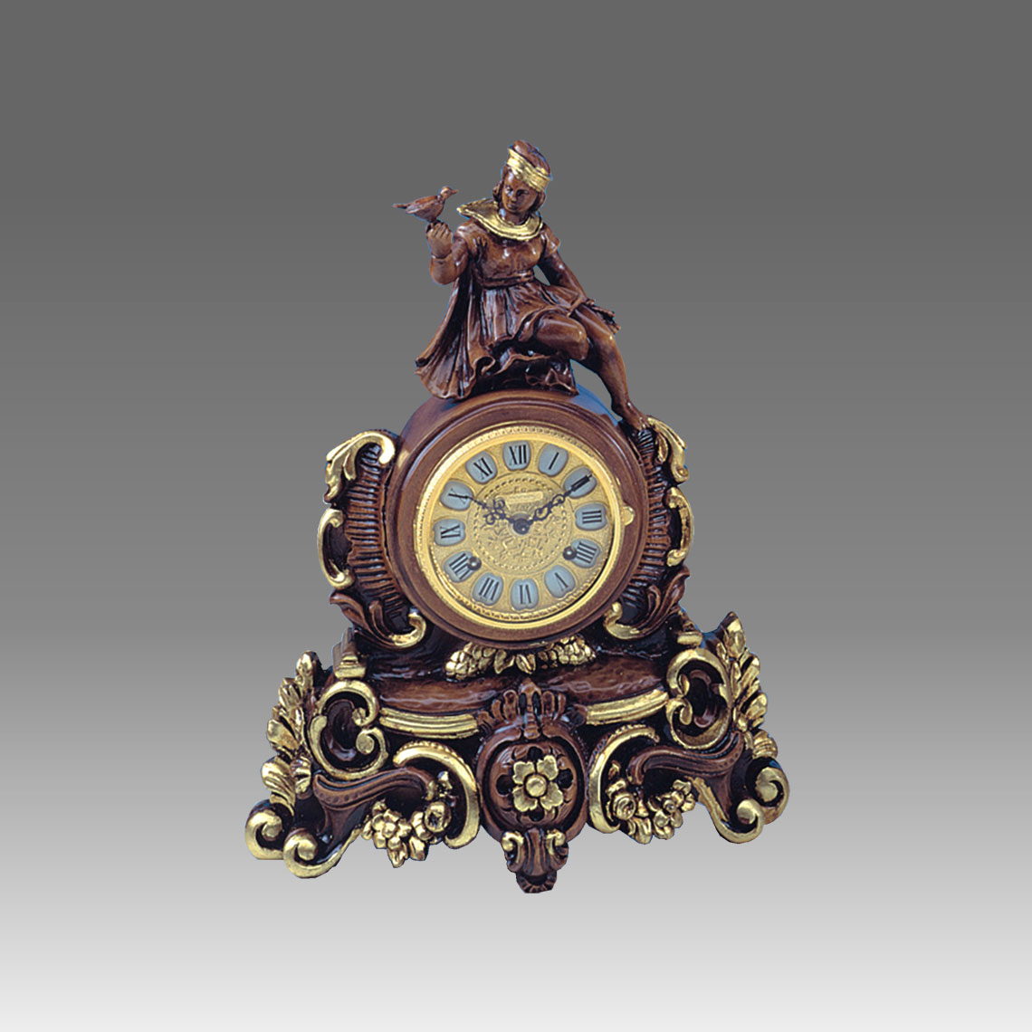 Mante Clock, Table Clock, Cimn Clock, Art.332/2 walnut with gold leaf - Bim Bam melody on Bells, gilt gold round dial
